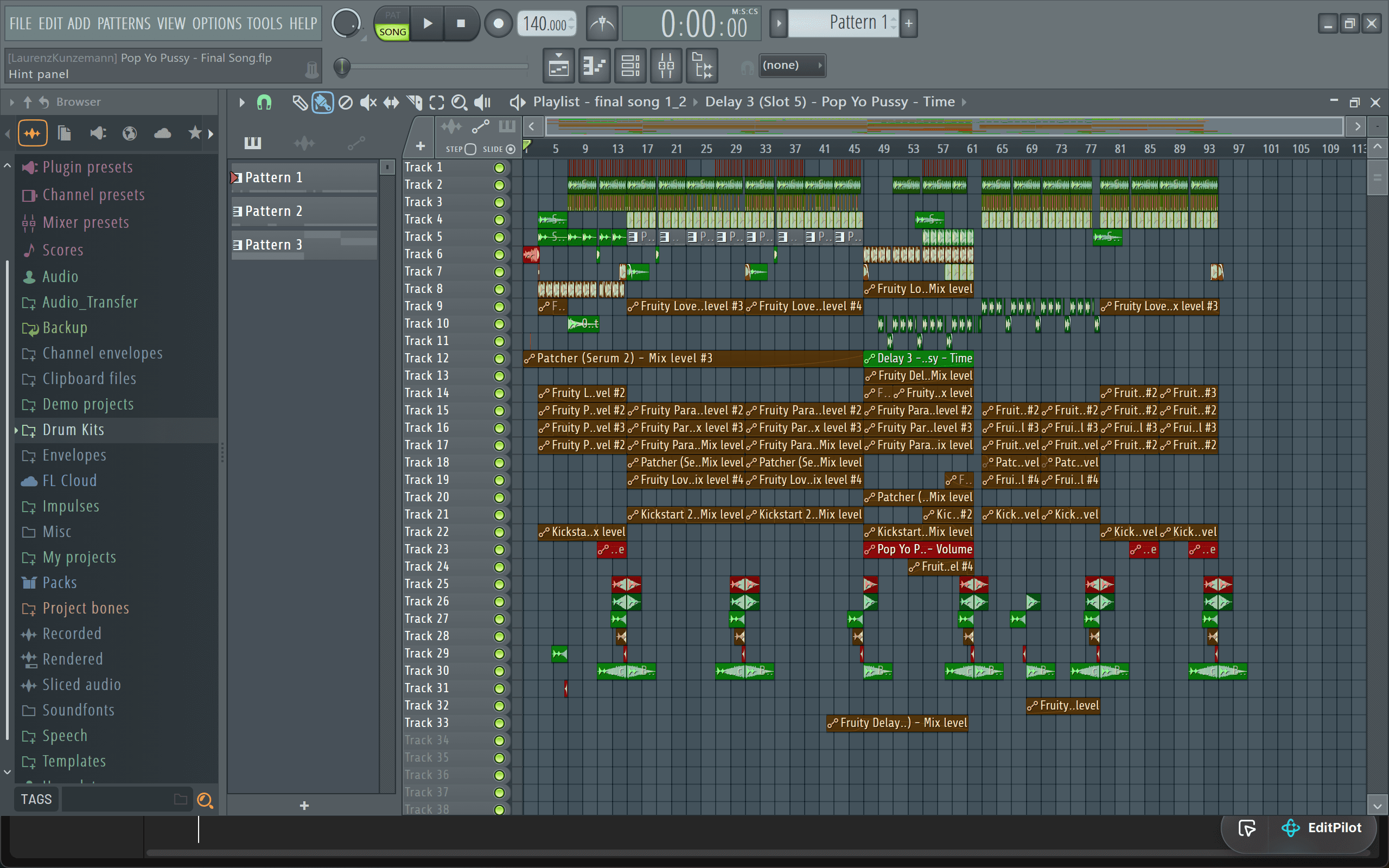 FL Studio arrangement view of a production in progress