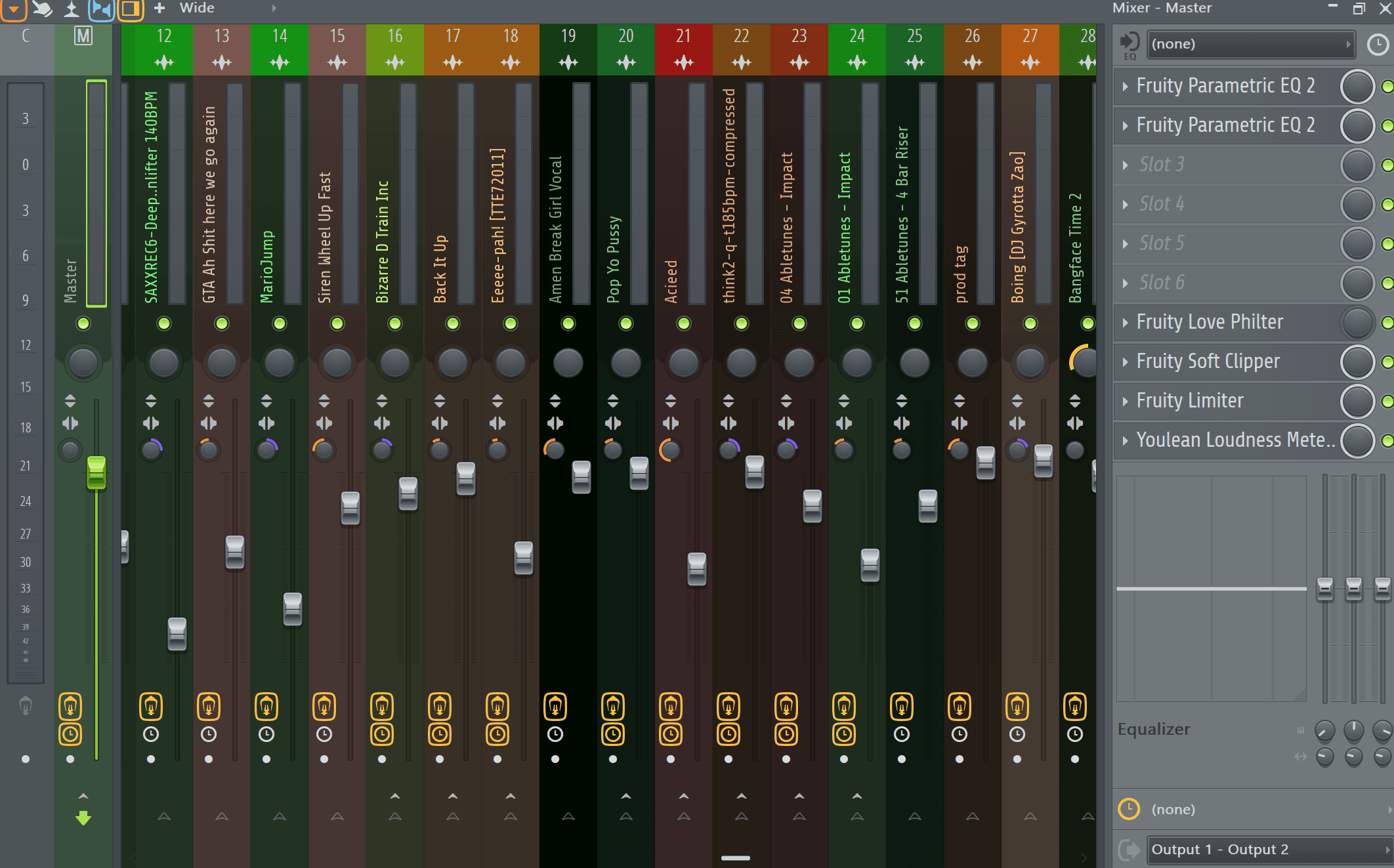 FL Studio mixer with a mastering chain on the master channel